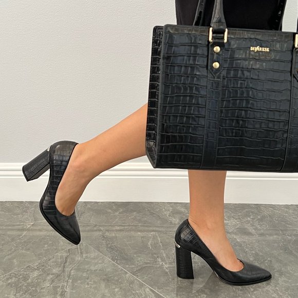 High heels, Leather, Shoes, Black, Crocodile skin pattern, just shoes - Picture 6 of 12